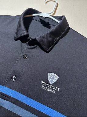 Dunning Golf Men's Black Golf Polo with Blue Stripes x Scottsdale National